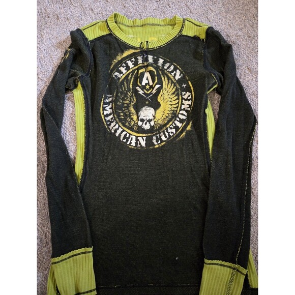 AFFLICTION Size Small AC FLAG reversible Thermal Shirt Green Grunge Vintage? - Picture 1 of 3